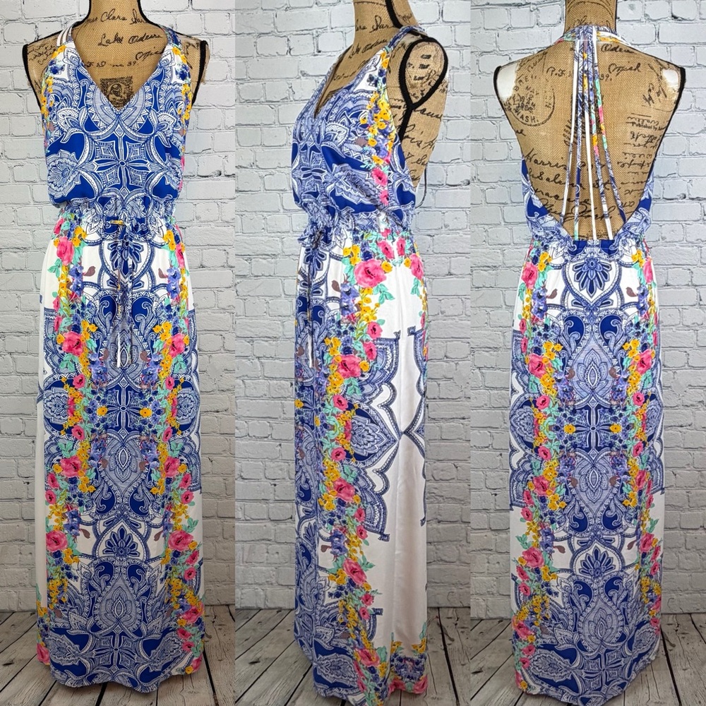 Gianni Bini Floral Print Open Strappy Back Maxi